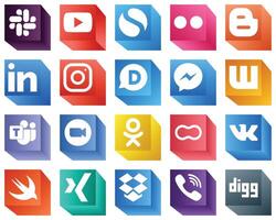 3D Icons for Major Social Media 20 pack such as wattpad facebook linkedin and messenger icons Clean and minimalist vector