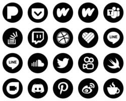 20 Minimalist White Social Media Icons on Black Background such as twitter sound stock soundcloud and likee icons Creative and high resolution vector