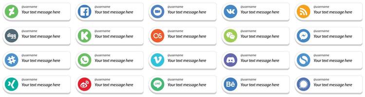 Social Media Platform Card Style Follow Me Icons with Customizable Message 20 pack such as messenger wechat vk lastfm and kickstarter icons High quality and modern vector