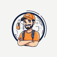 Handyman in overalls and cap with crossed arms element illustration vector