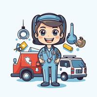 Cute boy doctor in uniform with medical equipment element illustration vector