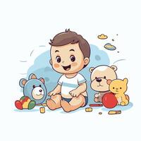 Cute baby boy playing with toys element illustration in cartoon style vector