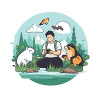 element illustration of a man with a dog and a bird in the forest vector