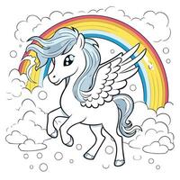 Unicorn in the clouds with rainbow Coloring book for children vector