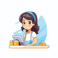 Cute little girl in apron and apron sitting at the table and working on a laptop element illustration vector