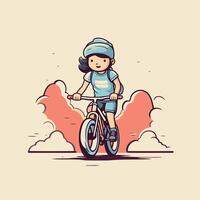 illustration of a girl riding a bicycle with clouds in the background vector