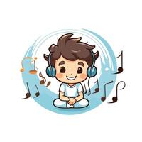 cute boy listening music with headphones over white background colorful design illustration vector