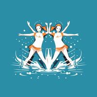 Two girls on roller skates in water illustration for your design vector