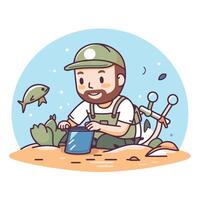 Fisherman with bucket of water illustration in cartoon style vector
