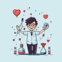 illustration of a cartoon scientist in lab coat with test tubes and flasks vector