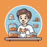 Cute little boy with dog in the pet store element illustration vector