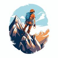 Climber with a backpack climbs up the mountain illustration vector