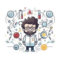 Scientist in science lab coat and glasses element linear illustration vector