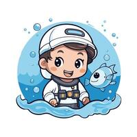 Cute boy in diving suit and helmet with fish element illustration graphic design vector