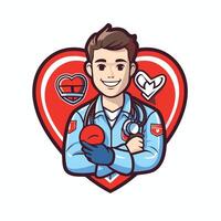 Doctor with stethoscope and heart element illustration in cartoon style vector