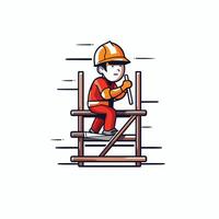 Worker in helmet and overalls on ladder illustration vector