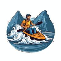 Man paddling on a kayak in the mountains element illustration vector