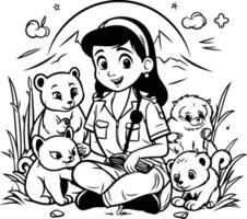element illustration of a girl scout with a group of bears sitting on the grass vector