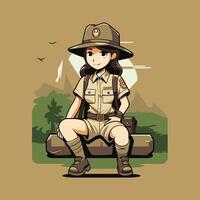 Cute girl in safari outfit sitting on a suitcase element illustration vector