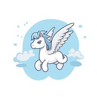 Cute white unicorn with wings flying in the clouds element illustration vector