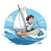 Boy sailing on a sailboat element illustration in cartoon style vector