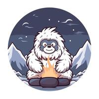 element illustration of a cute cartoon bear sitting near the campfire in the mountains vector