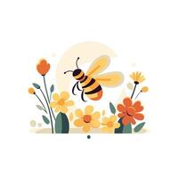 Bee and flowers element illustration in flat style on white background vector