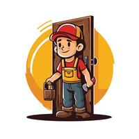 Cartoon construction worker with toolbox in front of door element illustration graphic design vector