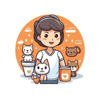 Cute boy with cat and dog element illustration in cartoon style vector