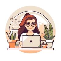 Woman working on laptop at home element illustration in cartoon style vector