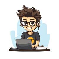 Cute nerd boy using laptop element illustration in cartoon style vector