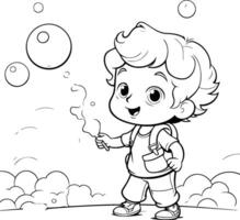 Black and White Cartoon Illustration of Little Boy Playing with Soap Bubbles or Soap Bubbles for Coloring Book vector