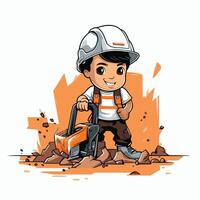 Cartoon boy with a chainsaw on a construction site element illustration vector
