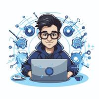 Illustration of a hacker with a laptop on a white background vector