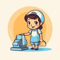 Cute little girl ironing clothes illustration in cartoon style vector