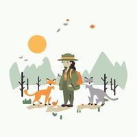 element illustration of a girl with a backpack and a dog in the forest vector