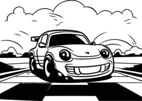 illustration of a cartoon car on the road with clouds in the background vector