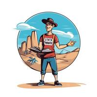 Hiker man with backpack and map in mountains cartoon element illustration graphic design vector