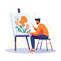Young man drawing a picture on easel Flat element illustration vector