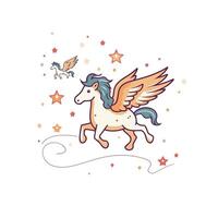 Unicorn with wings and stars element illustration in cartoon style vector