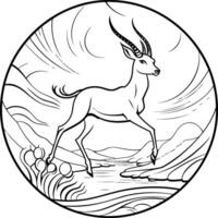 Black and white element illustration of antelope in a circle with mountains in the background vector
