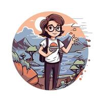 Happy hipster boy with backpack and map in hand element illustration vector