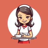 Smiling waitress holding tray with cup of coffee element illustration vector