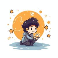 Cute boy with magic wand element illustration in cartoon style vector