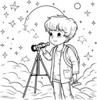 Boy looking through a telescope at night element illustration in cartoon style vector