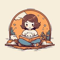 Cute little girl reading a book in the park element illustration vector