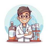 Scientist in lab coat and glasses standing with crossed arms element illustration vector