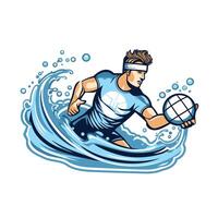 Water polo player with ball and racket on the wave element illustration vector