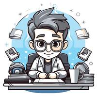 Cartoon boy sitting at the table with books and camera element illustration vector