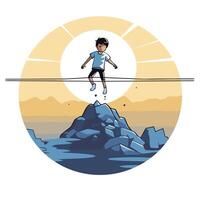 Boy balancing on rope over rocks cartoon round icon element illustration graphic design vector